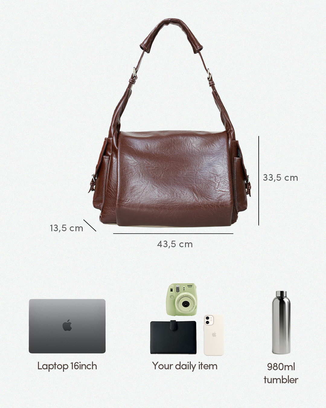 Tas handmade tas shoulder bag, tas sling bag Tako Bag - Piko Oversized warna Darkbrown berbahan synthetic leather 3